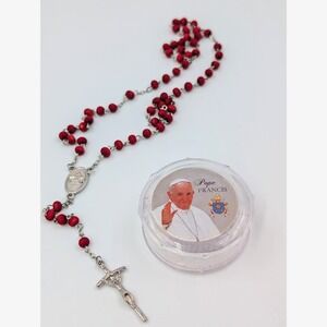Pope Francis Red Rosary Silver Tone Crucifix Rose Scented Beads Box Gift